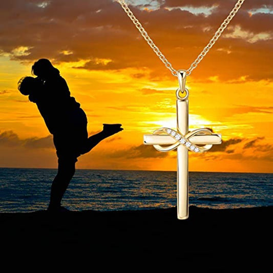 Collier avec pendentif croix et signe de l'infini pour femme, simple et élégant, couleur or, accessoire de cou, bijoux tendance, cadeau de Saint-Valentin