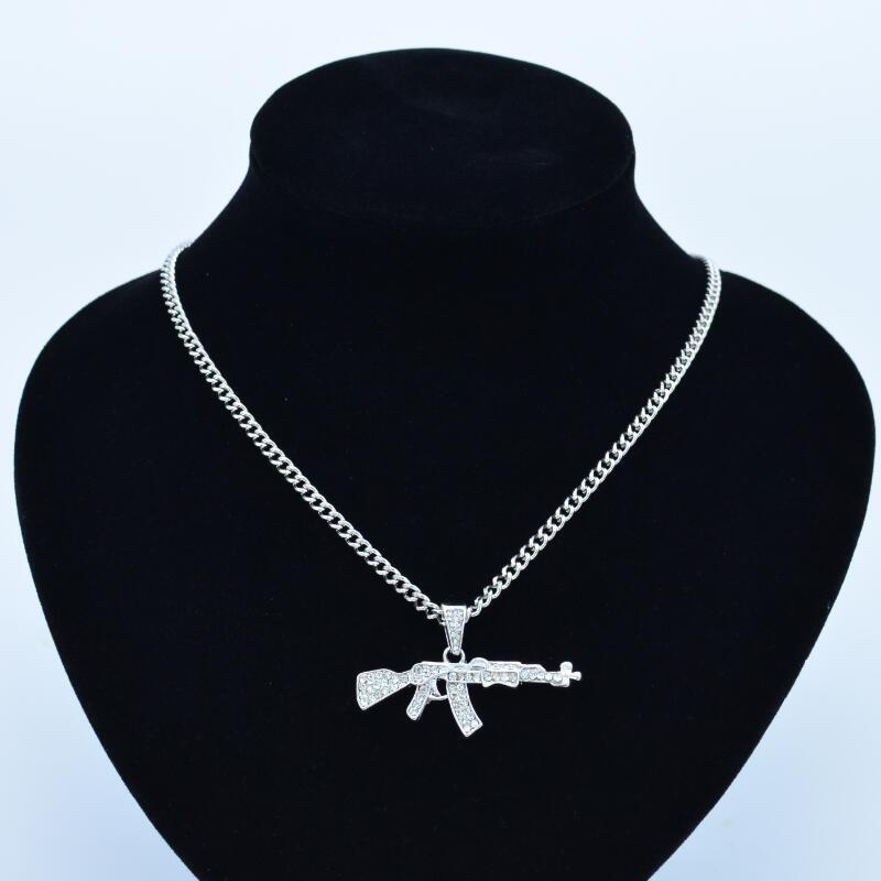 Gothic Gun Pendant Necklace with Rhinestones, Military Style, for Men