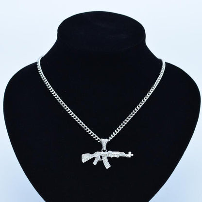 Gothic Gun Pendant Necklace with Rhinestones, Military Style, for Men