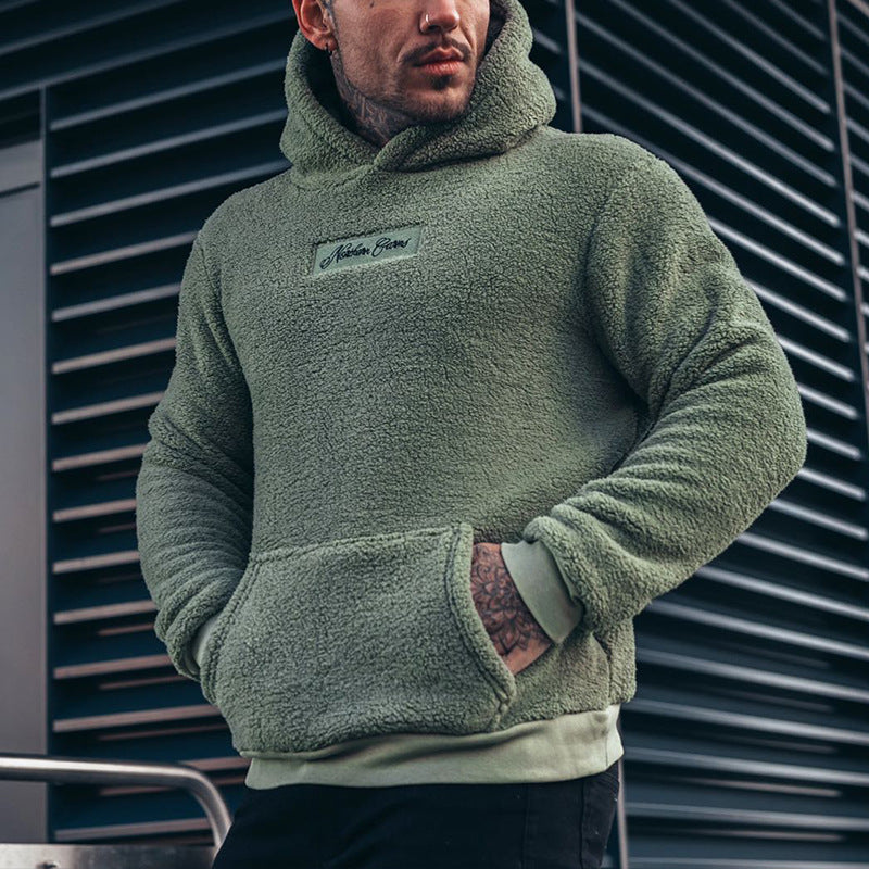 Sweat à capuche en peluche pour homme avec grande poche, tendance, manches longues, haut à capuche, vêtements solides