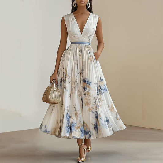 Robe longue sans manches à imprimé floral et col en V profond avec poches - Robe de plage fluide à ourlet volanté - LUXARAH