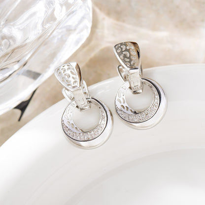 Boucles d'oreilles pendantes de luxe en forme de lune ronde creuse, couleur or rose et argent, incrustées de micro-cire, en zircon naturel, bijoux de mariage quotidiens pour femmes