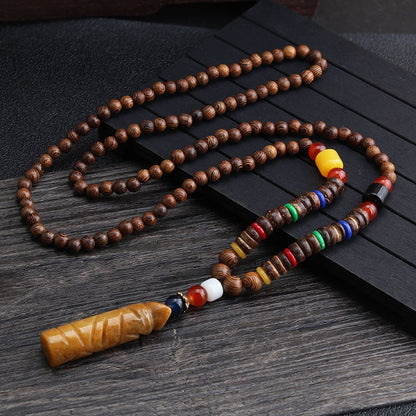 Colliers pour hommes et femmes, chaîne de pull rétro en perles de bois, pendentif Bodhi long - LUXARAH