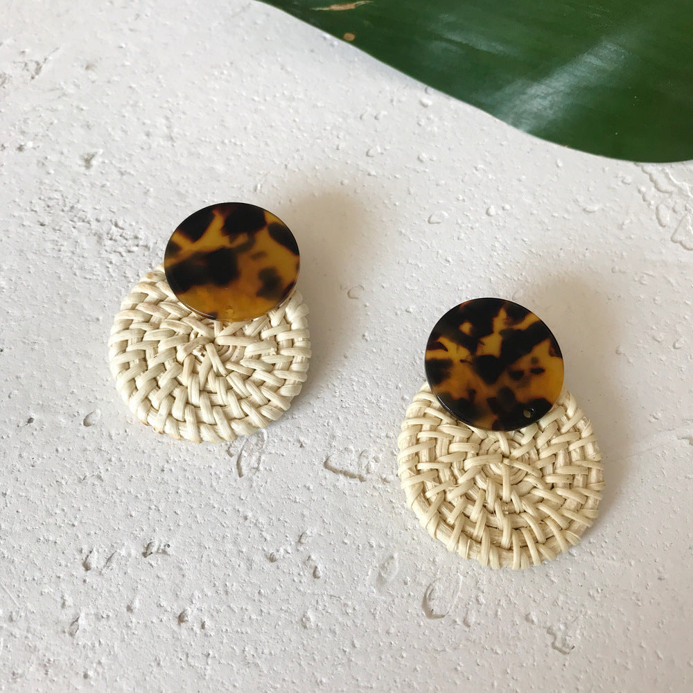 Boucles d'oreilles en résine et rotin importées, en bambou et rotin, faites à la main, motif léopard, boucles d'oreilles rondes géométriques - LUXARAH