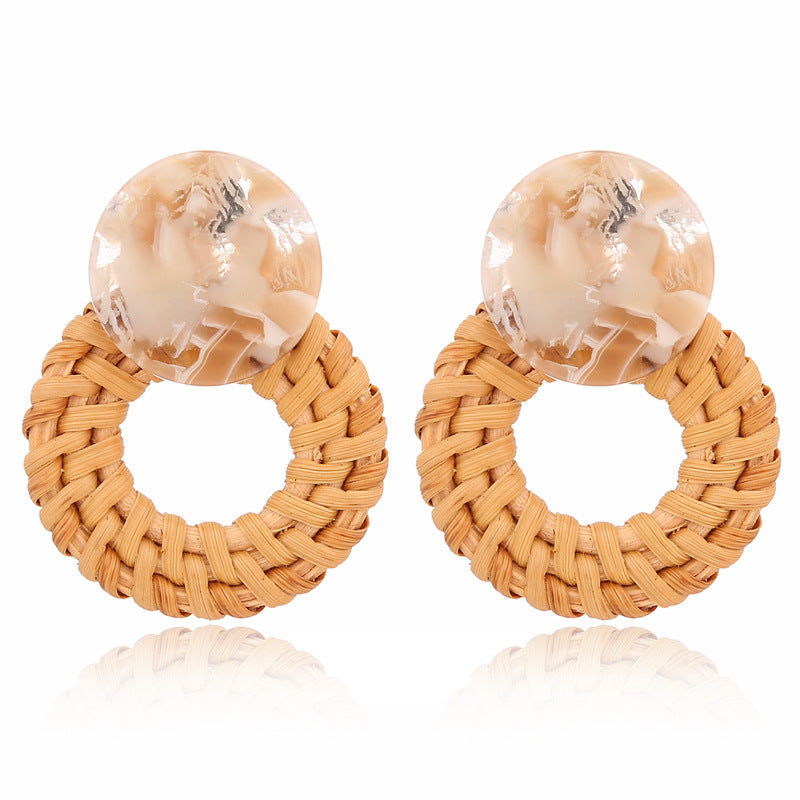 Boucles d'oreilles géométriques creuses en rotin, tissées à la main en bambou et rotin - LUXARAH
