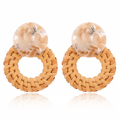 Boucles d'oreilles géométriques creuses en rotin, tissées à la main en bambou et rotin - LUXARAH