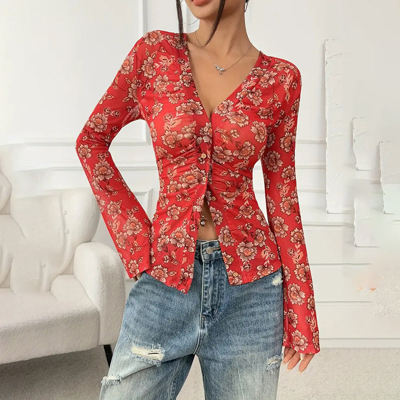 Chemisier boutonné à fleurs, tendance automne 2025, manches longues, col en V, froncé, ajusté - LUXARAH
