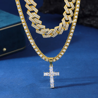 Collar con colgante de cruz de circón estilo hip hop con cadena cubana de Miami y pavé de diamantes de imitación estilo rapero para hombres y mujeres