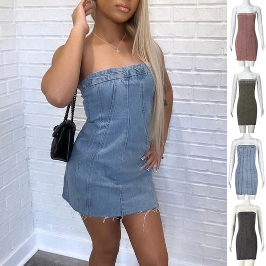 Robe tube en jean, dos nu tendance, tenue d'été sexy Y2K, courte et slim - LUXARAH