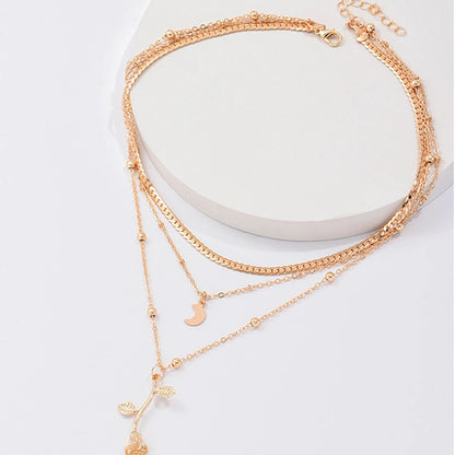 Colliers bohèmes multicouches avec pendentif lune doré pour femmes, collier ras du cou en forme de rose, bijoux tendance, cadeau de fête, Saint-Valentin