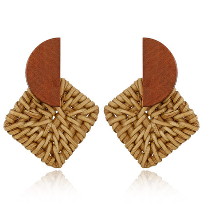 Boucles d'oreilles en bois et rotin géométriques multicouches - LUXARAH