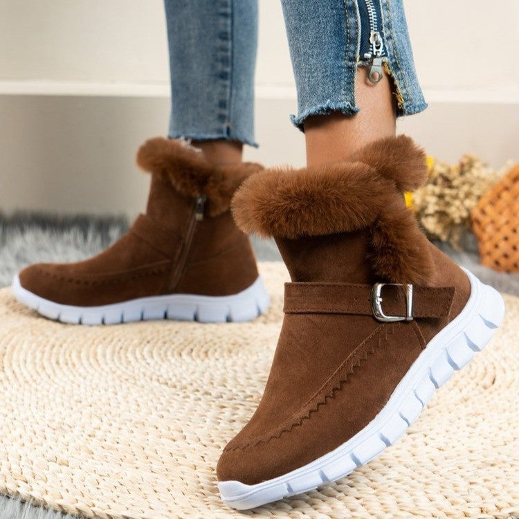 Nouvelles bottes de neige d'hiver, chaudes et épaisses, bottines en peluche de couleur unie avec boucle et chaussures plates en velours pour femmes - LUXARAH