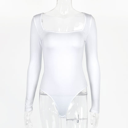 Body sexy à col carré et manches longues pour femme, haut doublé