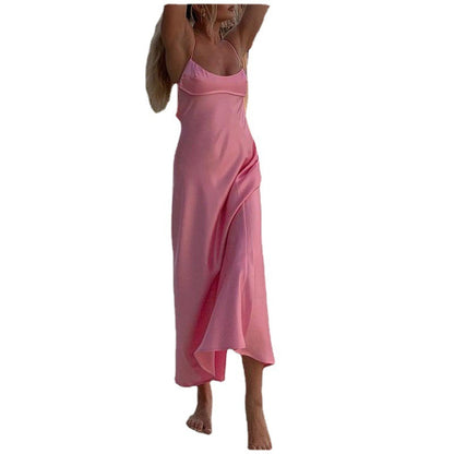 Robe longue en satin, élégante, sans manches, tenue de soirée, de vacances, sexy, décontractée, dos nu - LUXARAH
