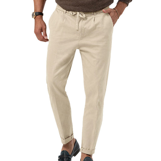 Pantalon décontracté à cordon de serrage pour homme, pantalon de costume droit de couleur unie