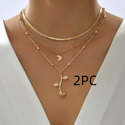 Colliers bohèmes multicouches avec pendentif lune doré pour femmes, collier ras du cou en forme de rose, bijoux tendance, cadeau de fête, Saint-Valentin