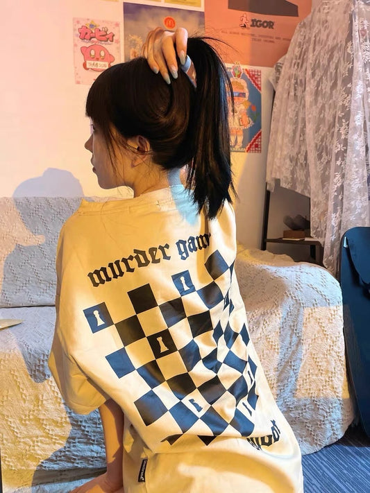 T-shirt oversize style américain à imprimé damier rétro pour femme - LUXARAH