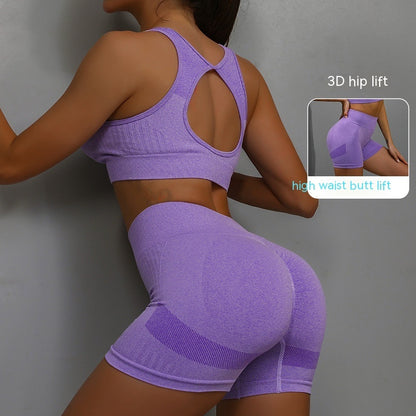 Ensemble de sport 2 pièces pour femme, short respirant rehaussant les hanches et soutien-gorge ajouré dans le dos.