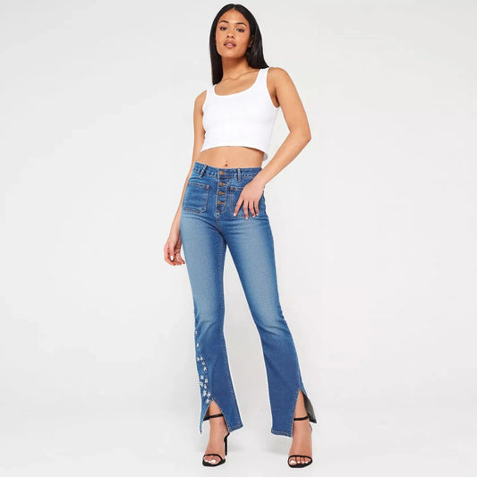 Jean taille haute pour femme, coupe ample et longue, avec étoiles rétro Y2K, délavé clair, pour toutes les saisons - LUXARAH