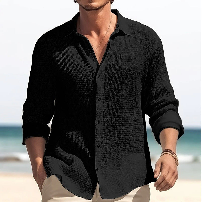 Chemise à manches longues et revers pour homme, tendance, unie, simple boutonnage, vêtements d'automne et de printemps