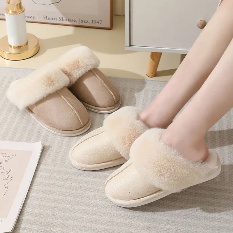 Chaussons d'hiver chauds en peluche pour femme, pantoufles d'intérieur en fourrure, chaussures en coton doublées douces, confortables et antidérapantes, pour chambre à coucher, pour couple - LUXARAH