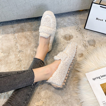 Mocassins plats en peluche pour femme, chaussures tendance et chaudes à pois, collection hiver