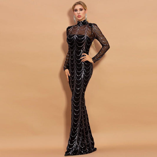 Robes longues à paillettes, manches longues, robes de soirée - LUXARAH