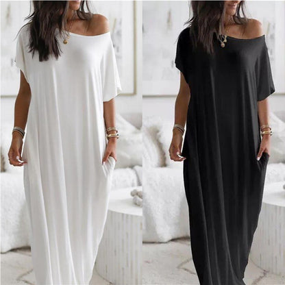 Robe décontractée à manches courtes et à motifs longs pour femme, couleur unie - LUXARAH