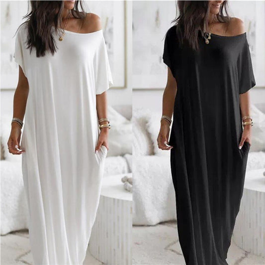 Robe décontractée à manches courtes et à motifs longs pour femme, couleur unie - LUXARAH