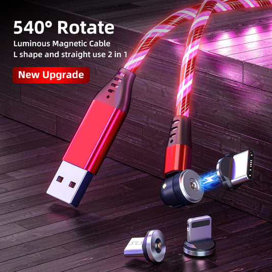 Câble magnétique lumineux rotatif 540° 3A pour recharge rapide de téléphone portable, compatible avec LED, micro USB type C, pour iPhone