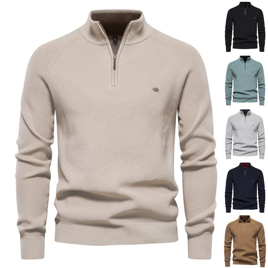 Pull tricoté à col montant et fermeture éclair pour homme, coupe slim, couleur unie, manches longues, demi-col roulé
