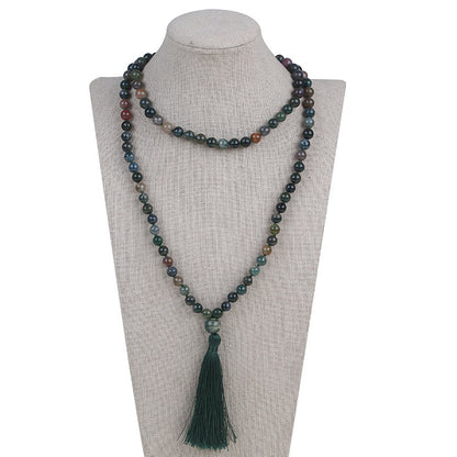 Long Agate Necklace with 108 Simple Tassel Beads for Women