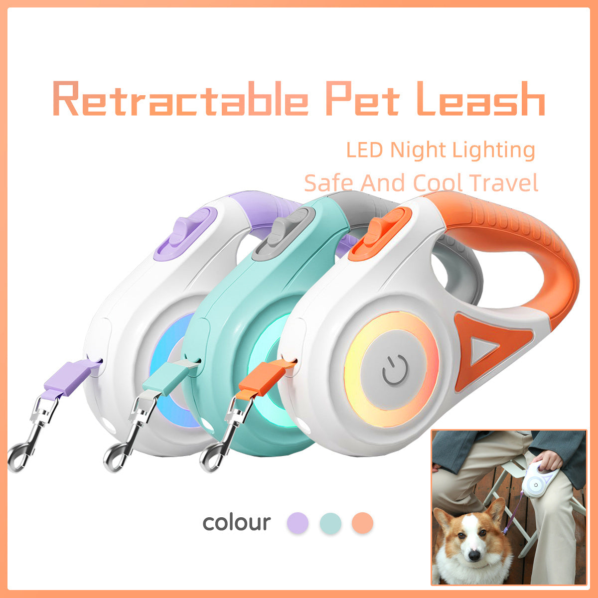 Laisse rétractable pour chien et collier Spotlight, corde de traction automatique pour chien et chat, pour petits et moyens chiens, produit pour animaux de compagnie - LUXARAH