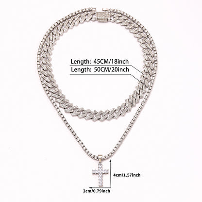 Collar con colgante de cruz de circón estilo hip hop con cadena cubana de Miami y pavé de diamantes de imitación estilo rapero para hombres y mujeres