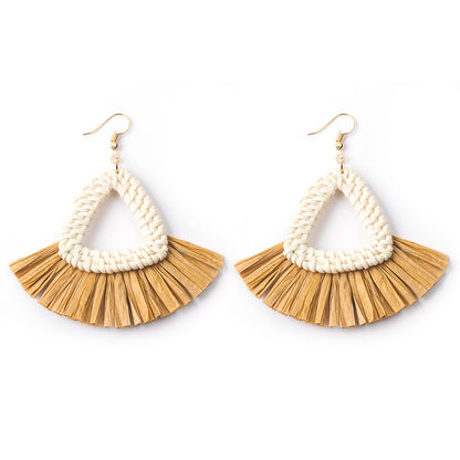 Boucles d'oreilles géométriques en raphia et rotin tissées à la main, style vintage pour femmes - LUXARAH