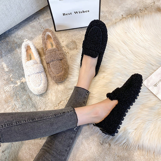 Mocassins plats en peluche pour femme, chaussures tendance et chaudes à pois, collection hiver