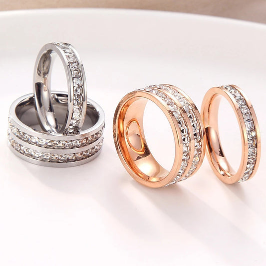 Bague couple en acier titane INS Rings, simple et double rangée de diamants
