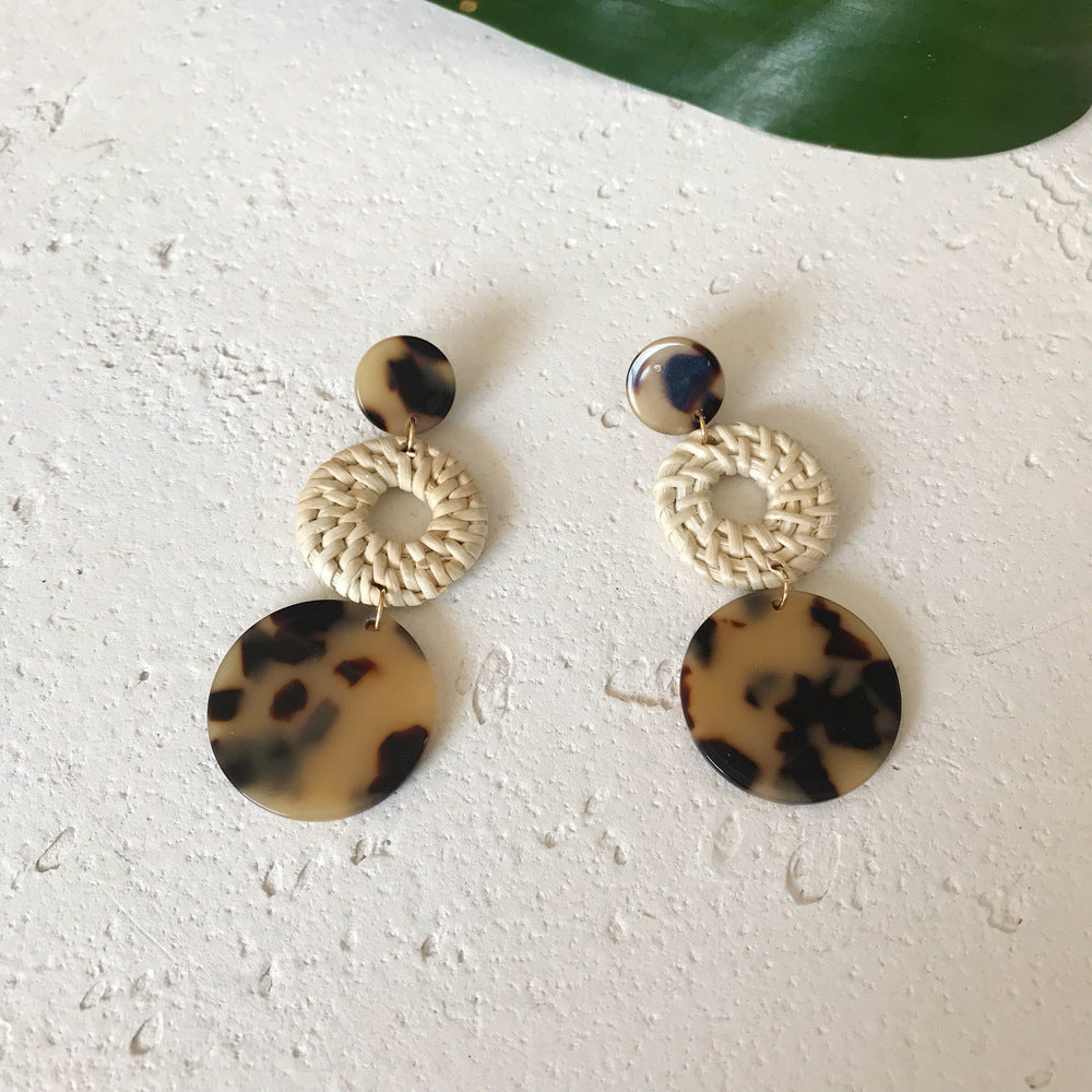 Boucles d'oreilles en résine et rotin importées, en bambou et rotin, faites à la main, motif léopard, boucles d'oreilles rondes géométriques - LUXARAH