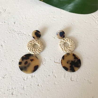 Boucles d'oreilles en résine et rotin importées, en bambou et rotin, faites à la main, motif léopard, boucles d'oreilles rondes géométriques - LUXARAH