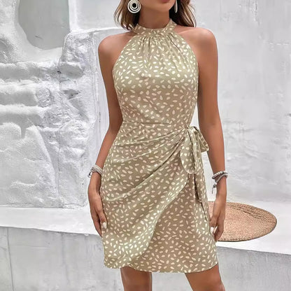 Robe d'été imprimée dos nu avec taille nouée, motif pois frissonnants, pour femme