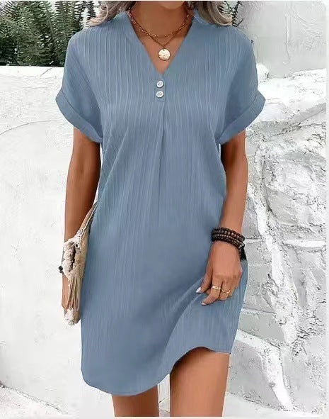Robe décontractée à manches courtes et col en V pour femme, couleur unie, boutons