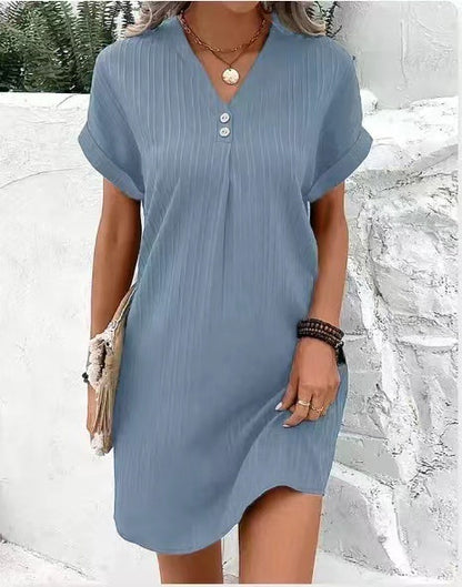 Robe décontractée à manches courtes et col en V pour femme, couleur unie, boutons