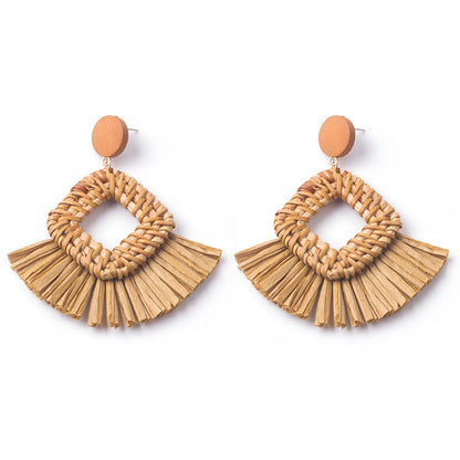 Boucles d'oreilles géométriques en raphia et rotin tissées à la main, style vintage pour femmes - LUXARAH