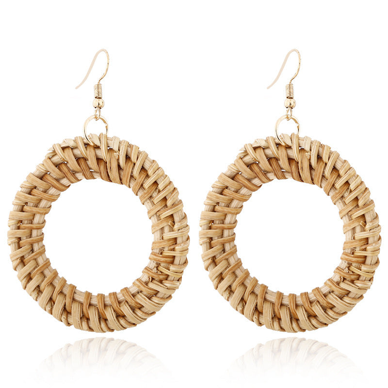 Boucles d'oreilles géométriques creuses en rotin, tissées à la main en bambou et rotin - LUXARAH