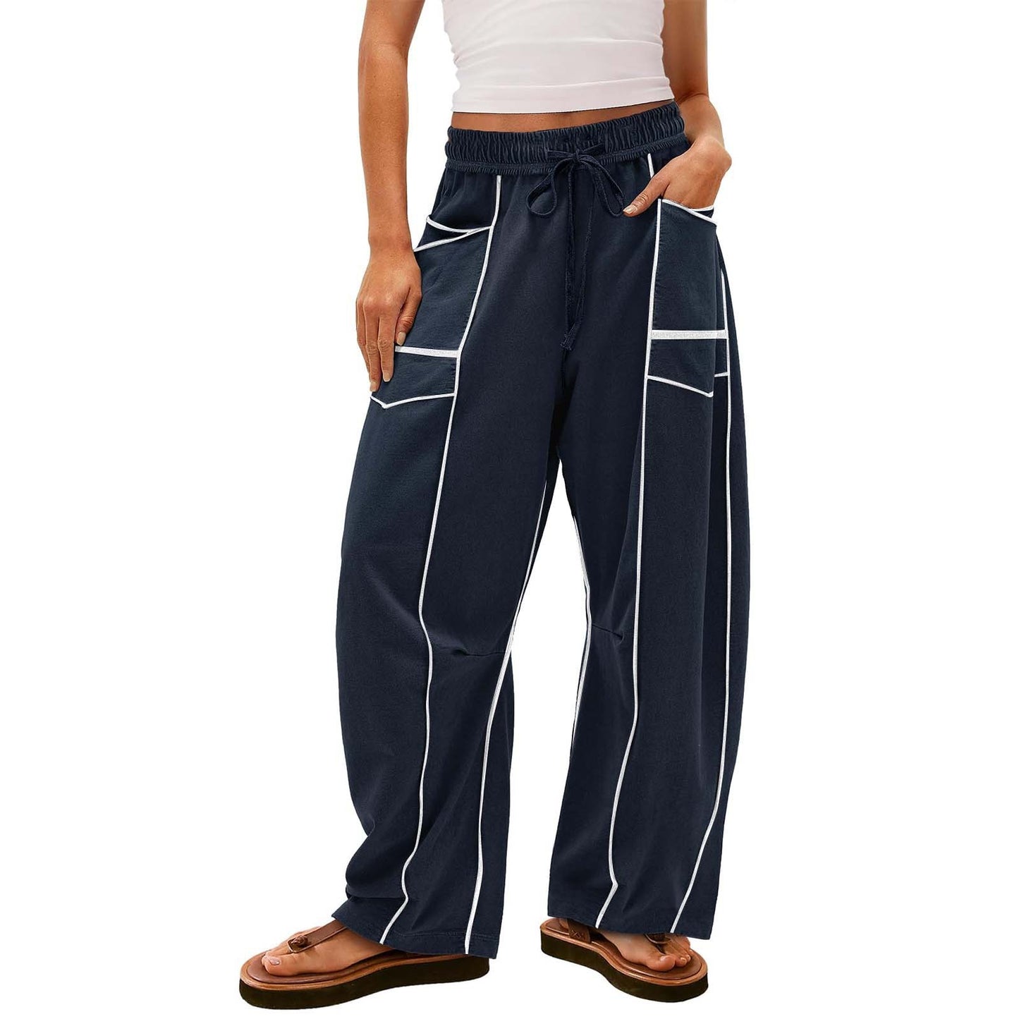 Pantalon large rayé noir Y2K avec poches, pantalon ample à cordon de serrage, pantalon de sport - LUXARAH
