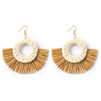 Boucles d'oreilles géométriques en raphia et rotin tissées à la main, style vintage pour femmes - LUXARAH