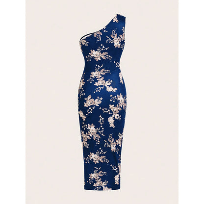 Robe moulante asymétrique, été 2025, froncée, fendue, motif floral, pour la plage, les cocktails, les mariages et les invités - LUXARAH