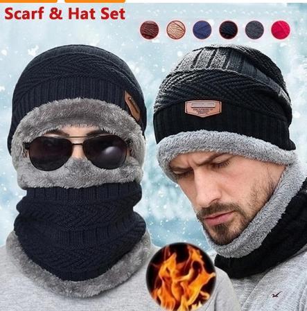 Ensemble bonnet et écharpe d'hiver en tricot chaud, doublé polaire épaisse, cache-cou pour homme et femme