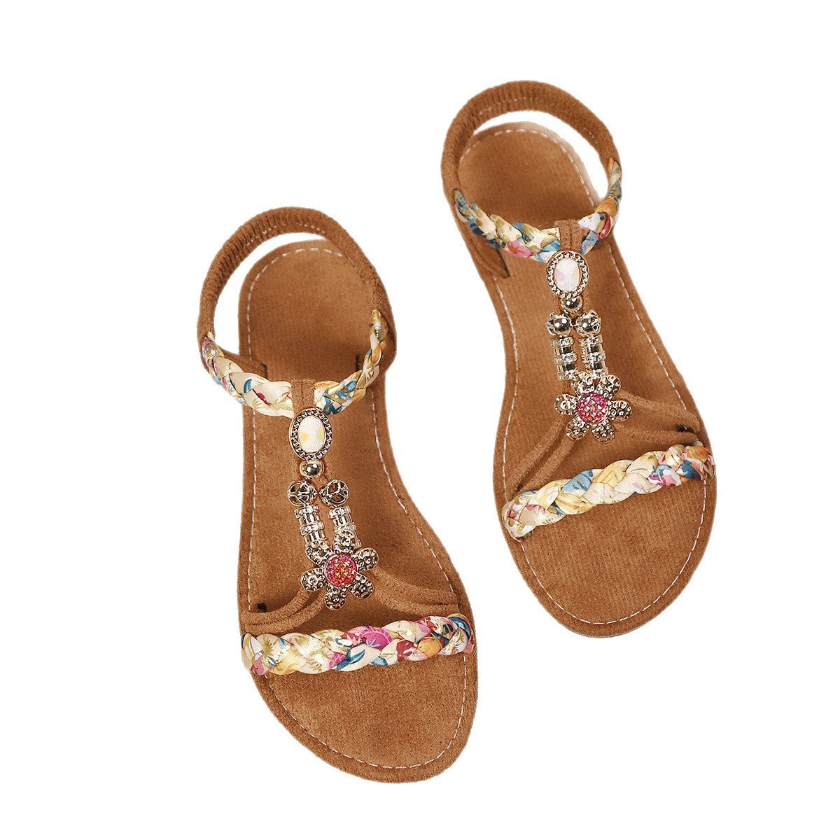 Sandales plates confortables à bout rond et perles tissées colorées pour l'été