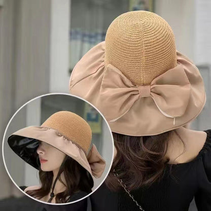 Chapeau de soleil d'été en paille à large bord et grand nœud, chapeau de pêcheur anti-UV, pare-soleil d'extérieur et chapeau de protection du visage